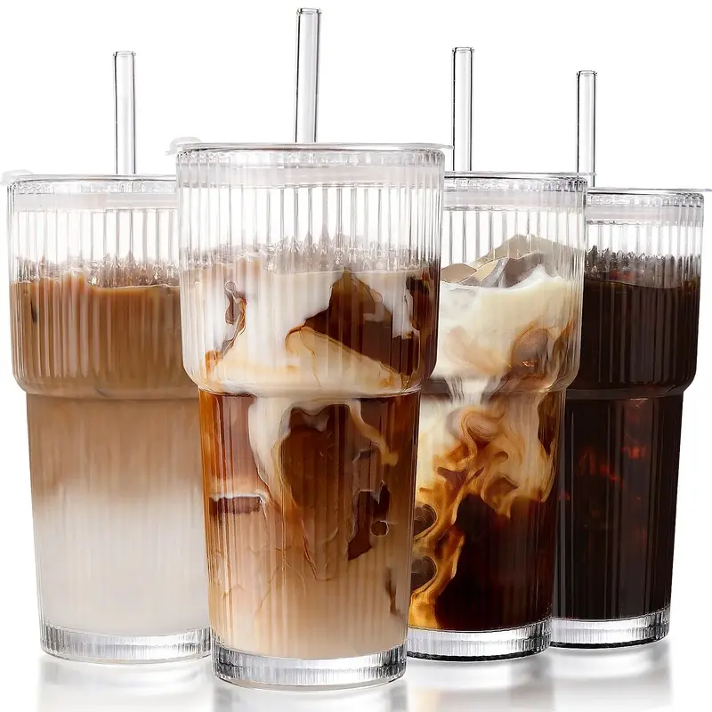 2/4pcs Stylish Vertical Stripes Thickened Glass Coffee Cups , Leak-Proof Tumblers for Iced Coffee, Cocktails, Beverage Use (Back to School, Family Gatherings)