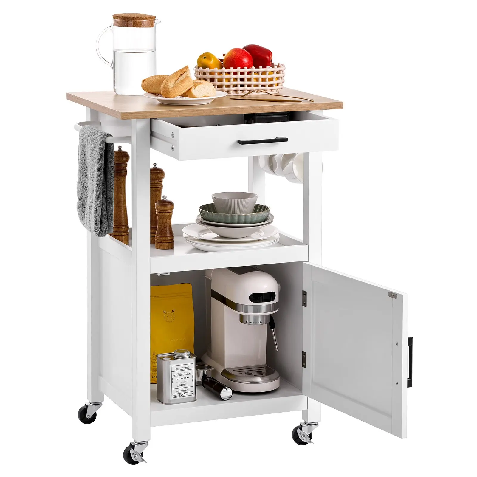 【DealsForYouDays】VEVOR Kitchen Island Cart with Single Door Cabinet, Mobile Carts with Drawer, Towel Rack, Hooks, Portable Table on Swivel Wheels, Small Coffee Islands Microwave Stand for Dining Room, 18x23 in, White