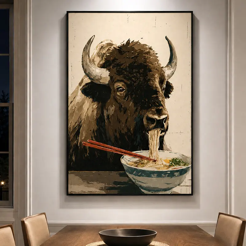 Whimsical Bison Eating Ramen Noodles Art Print, Funny Animal Food Poster, Unique Kitchen Wall Decor, Dorm Room Poster, Farmhouse Home Decor, Kitchen Office Wall Art, Cute Animal Artwork, Foodie Gift Idea, Rustic Home Accent, Funny Wall Art