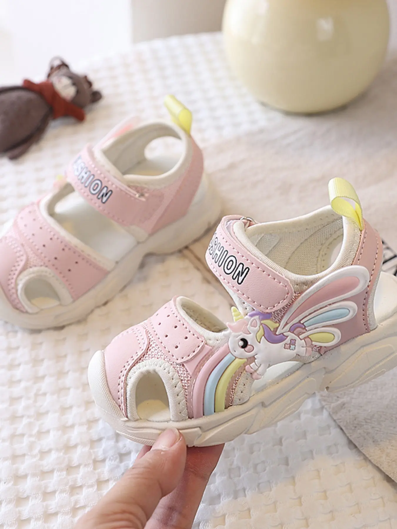 Girls' Unicorn Rainbow Sandals, Cute Cartoon Style, Breathable Mesh, Soft Rubber Sole, Non-Slip Velcro Closure, Summer Outdoor Shoes