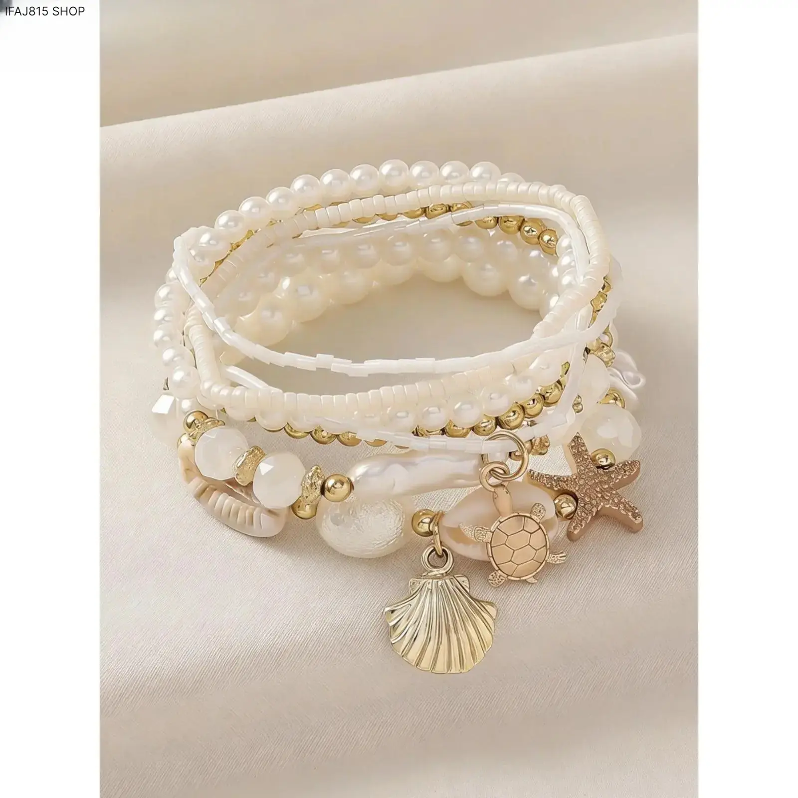 Women's Boho Bracelet Set, Handmade Coastal Ocean-Inspired Jewelry with Shell, Starfish & Artificial Pearl Charms, Beaded Bangles for Summer, Boho Aesthetic, Layered Set, Beach Party, Coastal Theme