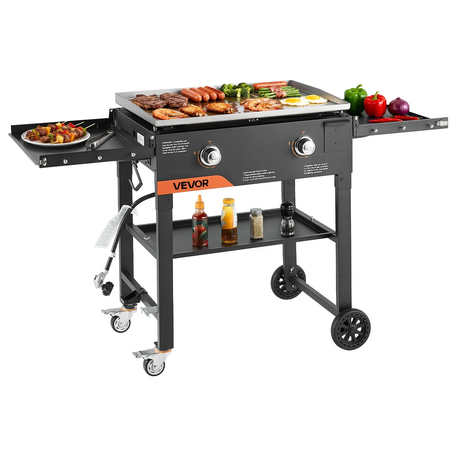 VEVOR Gas Griddle, 2-Burner Flat Top Grill, 28 inch Grill Plate Foldable Propane Griddle with Wheels, 30000 BTU Outdoor Flat Top Grills for Pan-Frying, Grilling, Stir-Frying, BBQ, Pulse Ignition