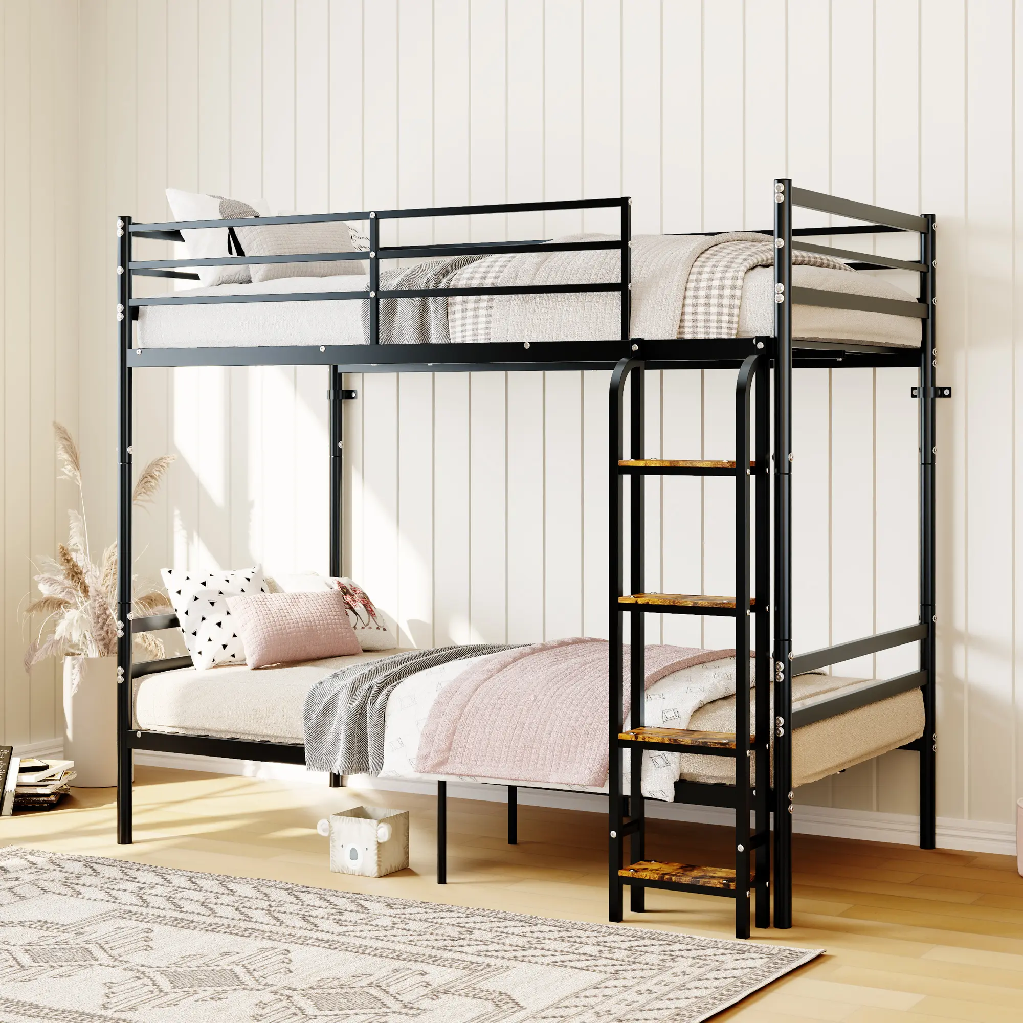 ARCH Twin Over Twin Bunk Bed for Kids Teens, Convertible to 2 Beds, Non-Slip Safety Ladder with Wide Wooden Steps, High Guardrail, 19-Bar Support, 600LBS Capacity, Under-Bed Storage Space, Black Metal Frame for Bedroom, Bedroom Furniture for