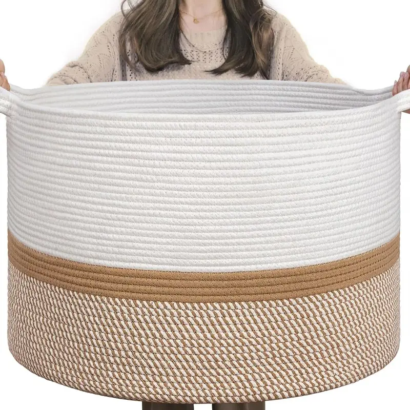 XXXLarge Cotton Rope Basket 21.7" x 21.7" x 13.8" Woven laundry Blanket Basket for Home Decor Living Room Nursery, Storage Baskets for Boys Girls, White & Camel Mix