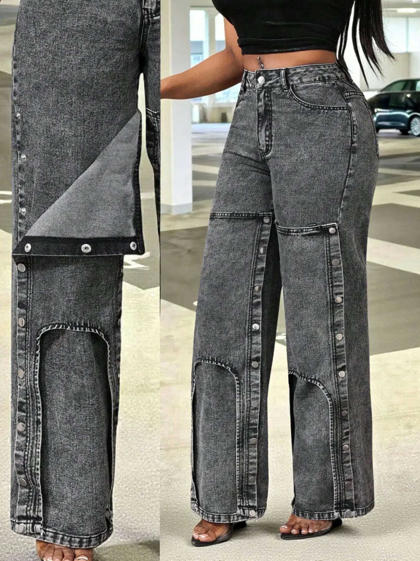 66573-Bg Vintage Button Fly Split Leg Jeans, Casual Daily Wear, Detachable Rivet Patch Design, Straight Leg Long Pants