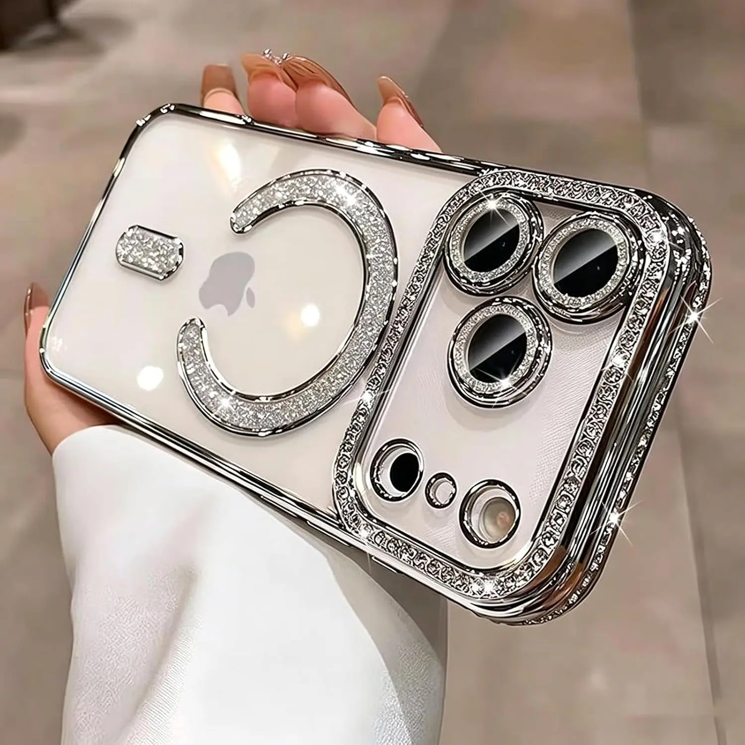 Magnetic Case for iPhone 17,16,15,14 Pro Max with Bling Rhinestones, Silver| Glitter Diamond Phone Cover, Compatible with MagSafe, Full-Coverage Lens & Shockproof Protection, Anti-Yellowing Clear TPU