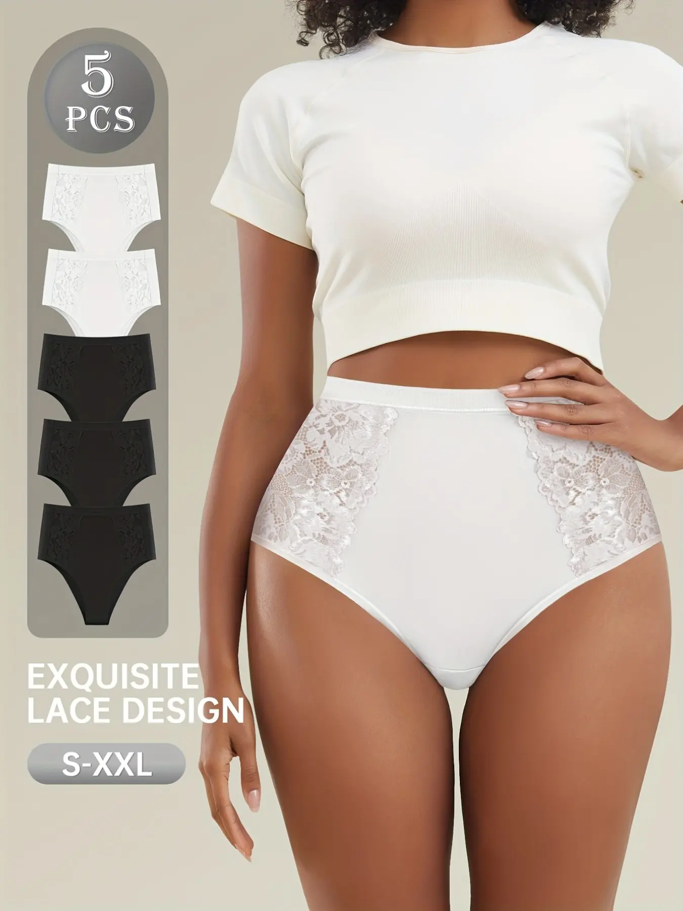 5-Pack High Waist Panties, Elegant Side Lace, Breathable Soft Fabric, Loose-Fitting, Casual Style, All Seasons, Women's Everyday Wear