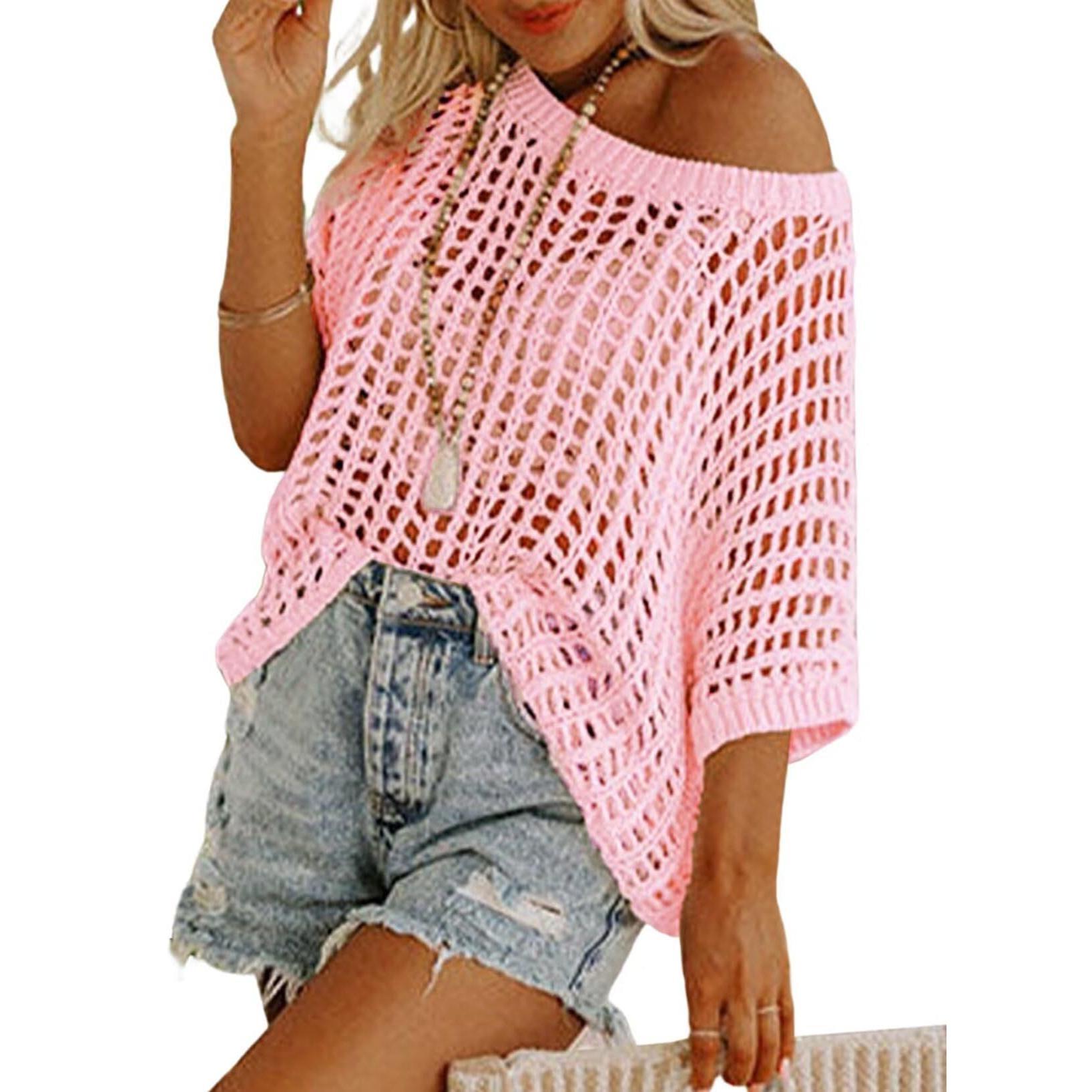 Womens Fashion Sweater Casual Off The Shoulder Short Sleeve Hollow Out Sweater Pullover Knit Tops