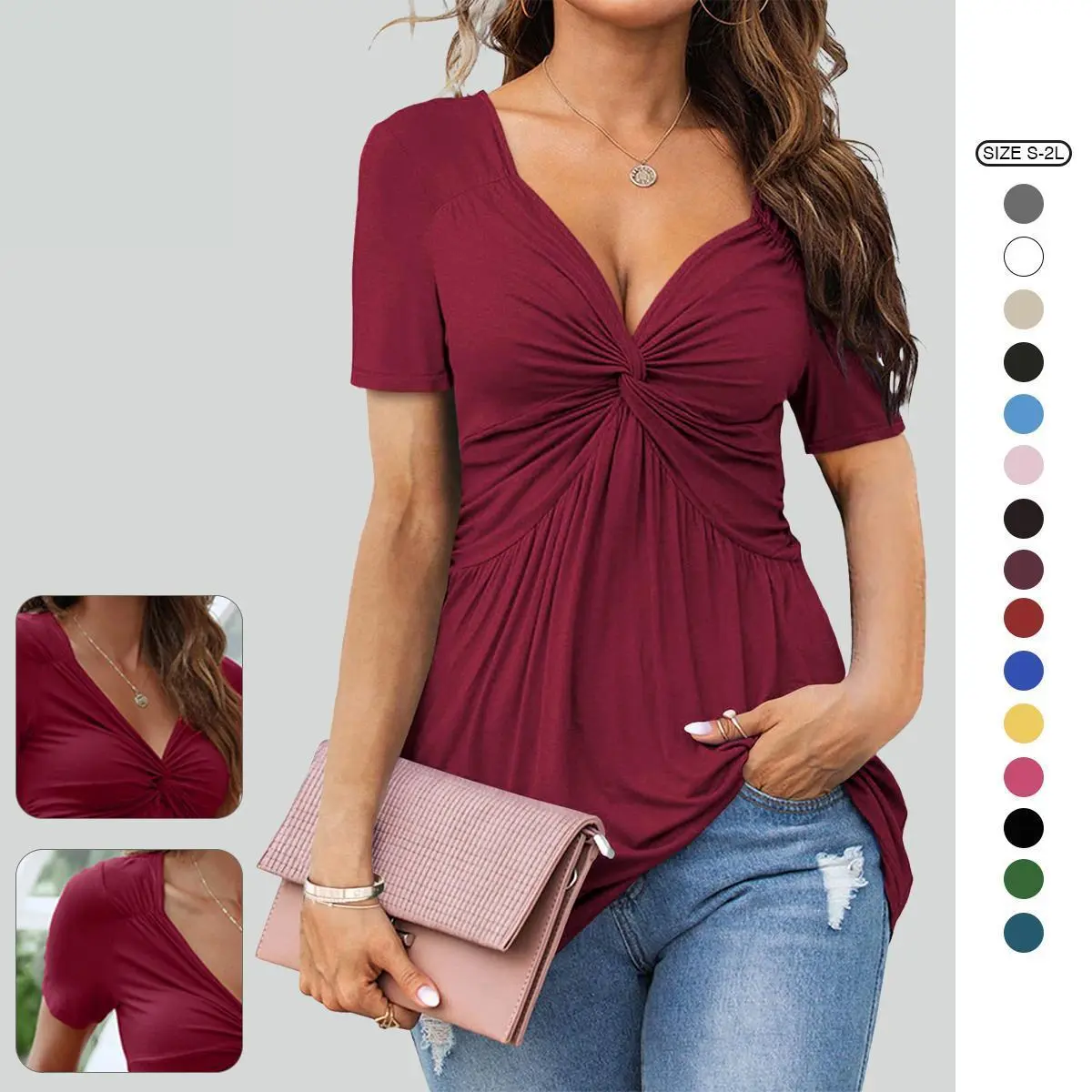 Imily Bela Womens Front Knotted V-Neck Blouse T Shirt Short Sleeve Oversized Tunic Tops Summer Solid Pullover Tees