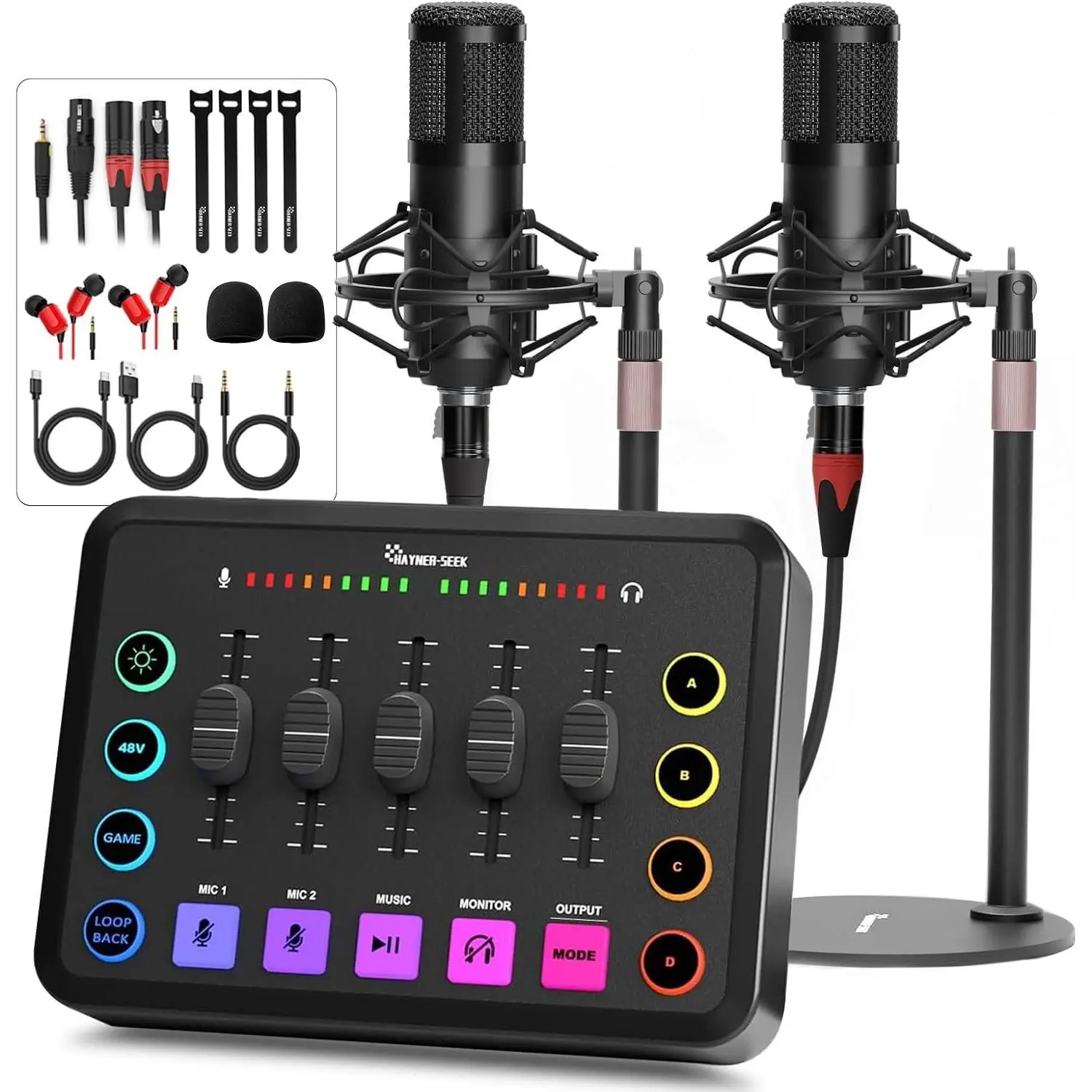 Podcast Equipment Bundle for 2, RGB Audio Interface with XLR Condenser Microphone, and 3.5mm Mic, Mute,48V Phantom Power for Streaming,Gaming,Recording-Black (H1)