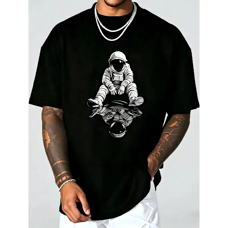 Astronaut Graphic Illustration T-Shirt for Men - Casual Crew Neck Short Sleeve, Soft Breathable Cotton, All-Season Summer Spring Everyday Top, Great Birthday Gift for Space Lovers, Outdoor Daily Wear, Streetwear, Machine Washable