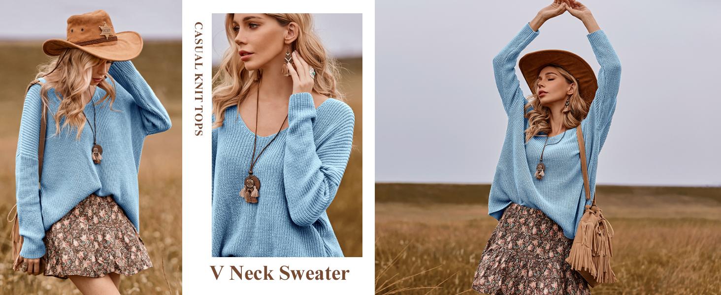 FMEYOA Casual Women's V Neck Long Sleeve Knit Loose Oversized Pullover Comfy Sweater Top