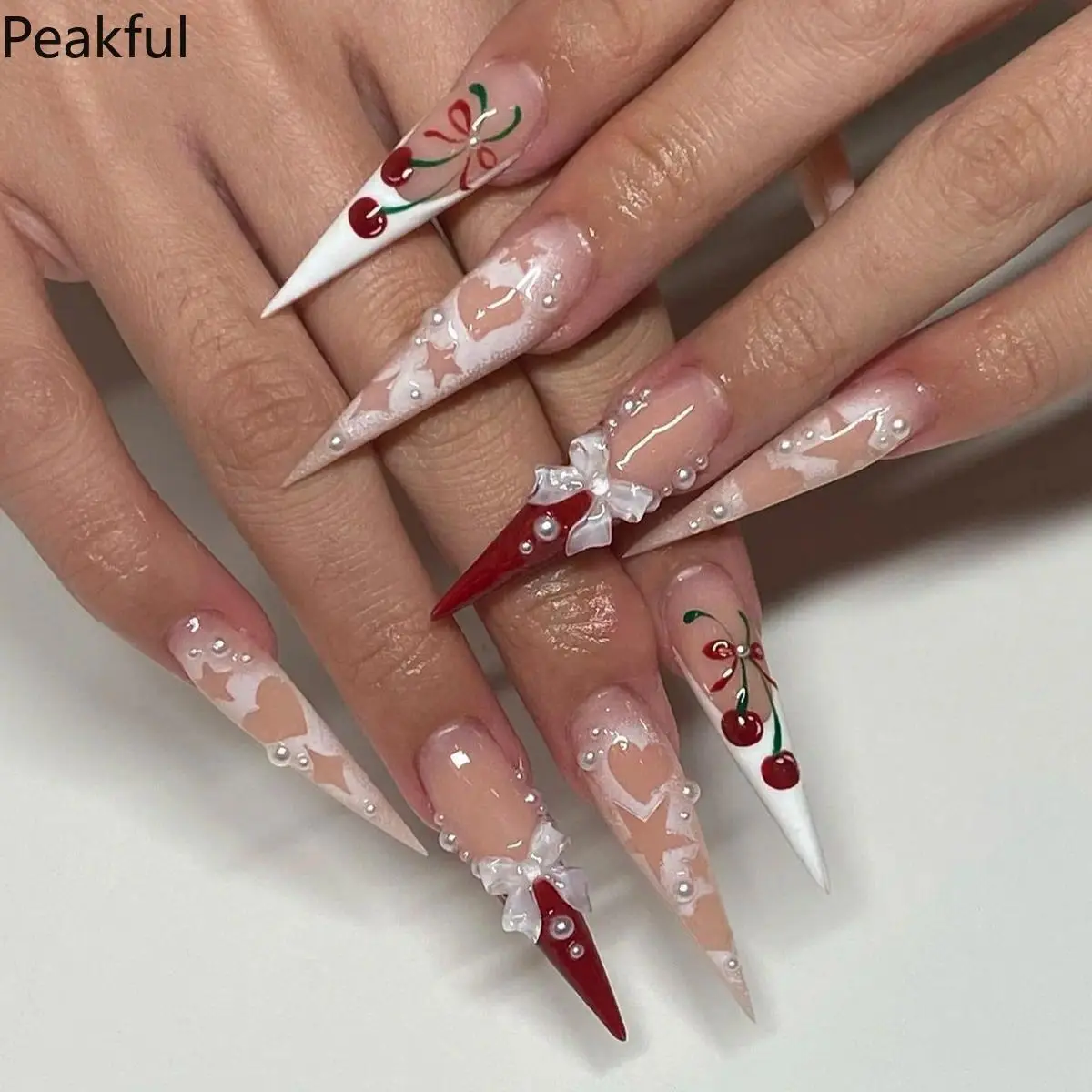 Women's 24Pcs Ultra-Long Stiletto Cherry French Press-On Nails, 3D Pink Bow&Star Heart Embellished Cute Reusable Glossy Fake Nails, Perfect Statement Set for Raves, Valentine’s Day
