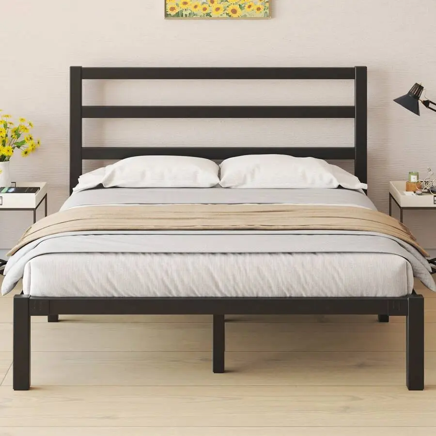 Twin/Full/Queen/King Size Metal Platform Bed Frame With Metal Slats, Classic Style Headboard And Footboard/Under Bed Storage/Mattress Foundation/No Box Spring Required/Easy Assembly, Black/White