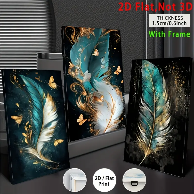 The product is a 2D flat, framed decorative poster, a 3-piece set of new minimalist feather pattern digital art - modern style feather and butterfly triptych canvas painting, suitable for living room, office, staircase, bedroom wall decoration, an ideal g