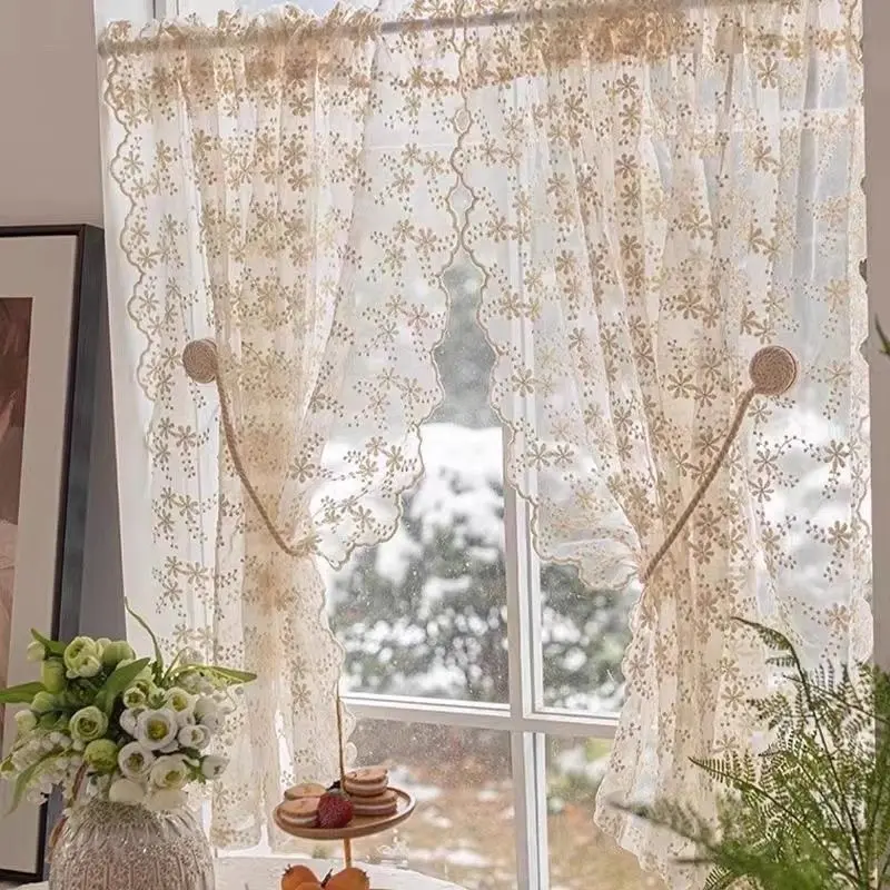 French Country Embroidered Cream Color Sheer Curtain, Elegant Half Drapery for Living Room, Bedroom, Kitchen Entrance