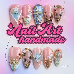 Delicatething Y2K Style Almond Nails, Handmade Artificial Nails, Nail Art Supplies, 4 Sizes XS-S-L, Beads, Perfect for Parties, Includes Jelly Glue