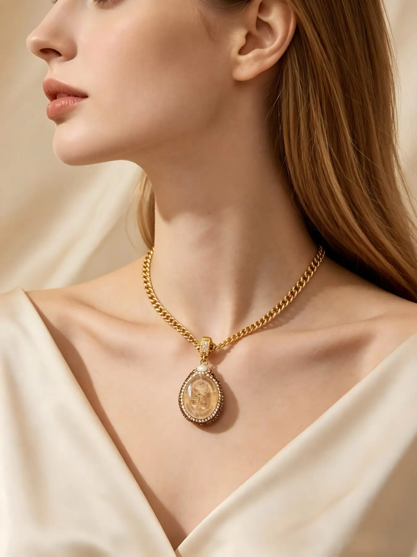 Carved Drop Clear Quartz Rose Pendant Necklace