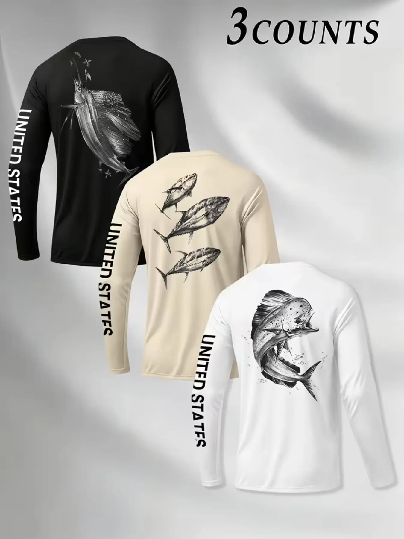 3 Pack Men UPF Sun Protection Fishing Long Sleeve Shirts Quick Dry Lightweight Tees With Mahi Mahi Tuna Marine Fish Graphic United States Letter Sleeve Print Casual Saltwater Beach Angling Outdoor Daily Wear #springsaledeals2026 #summeroutfits #fishingapp