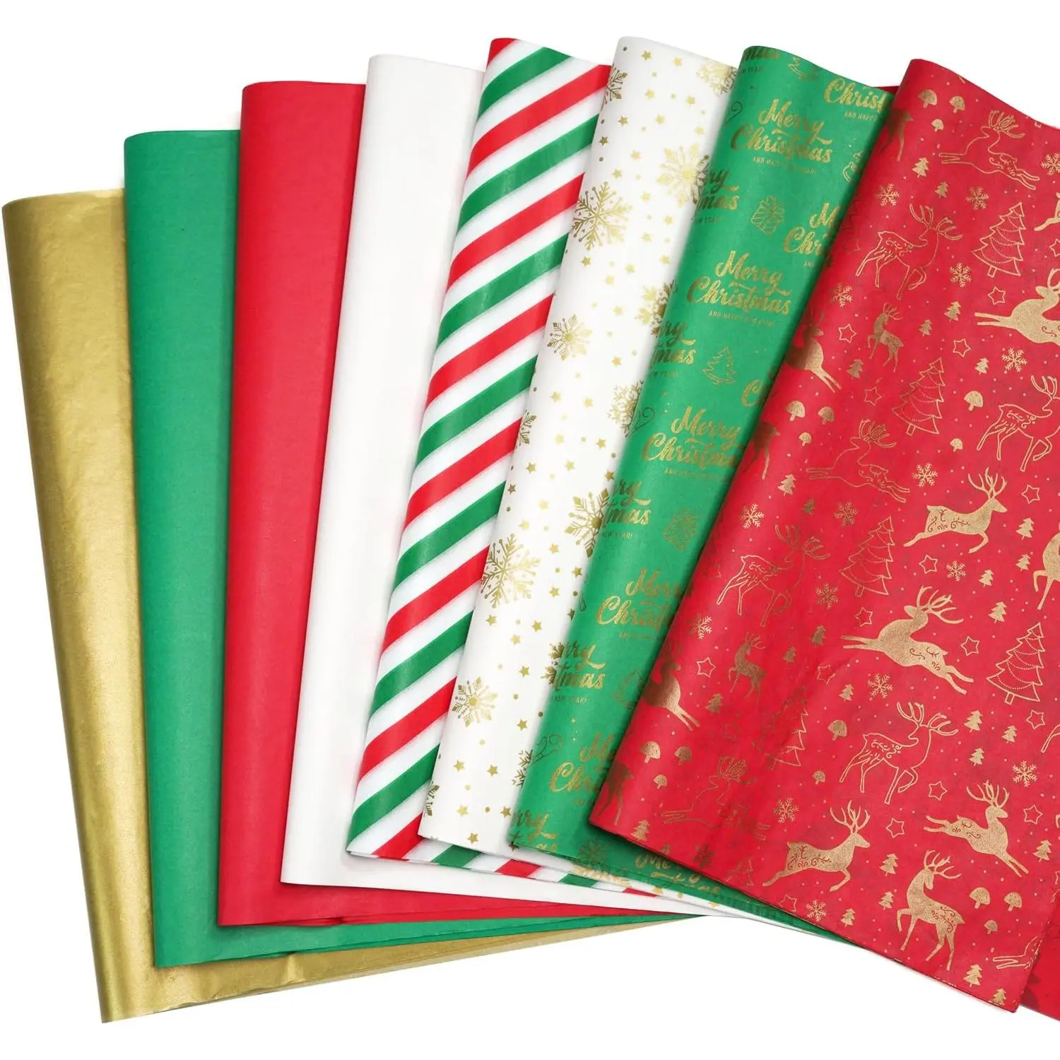 150 Sheets Christmas Tissue paper for  bags,20 x14“ Wrapping paper for Holiday decorations, 8  Designs with Snowflakes, Reindeer &  Merry Christmas Motifs
