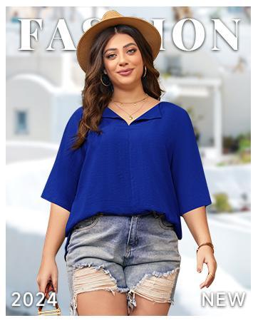 Imily Bela Womens Plus Size Tops Short Sleeve V Neck Tee Blouse Summer Loose Fit Casual Tunic Top XL-5XL