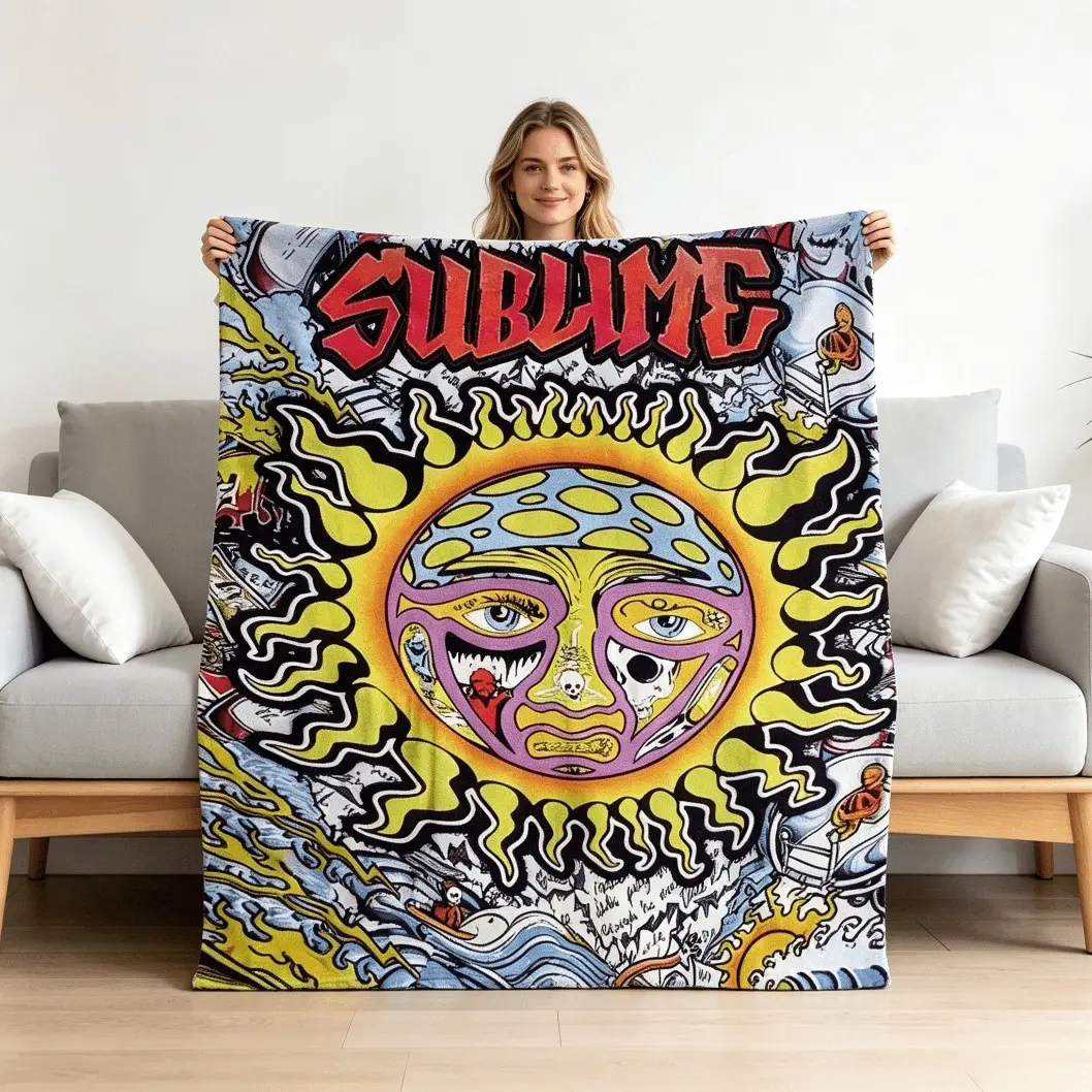 Sublime Inspired Sun Art Printed Flannel Blanket, Retro Music Style Throw Blanket, Soft Cozy Lightweight Cover for Bed Sofa Home Decor, Customizable Nap Blanket Gift for Adults Kids, Christmas Birthday Present, Throw Blankets, Cooling Blanket, Blankets Be
