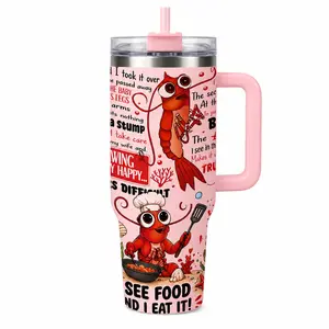 Summer BBQ and Crawfish Boil 40oz Insulated Water Tumbler with Handle, Funny Seafood Diet Stainless Steel Travel Cup, Cup Holder Friendly All-Day Hydration Cup for Beach and Road Trips