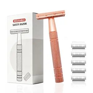 Rose Gold Dual-Blade Safety Razor for Women, Single Blade Design, 5 Platinum-Coated Blades, Non-Slip Metal Handle, Reusable, Eco-Friendly