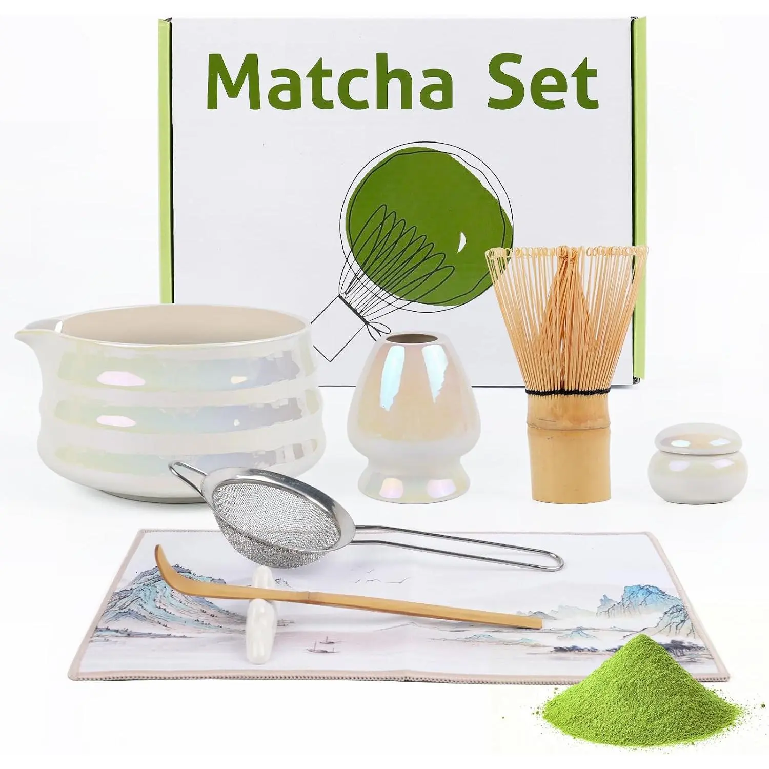 8 count Matcha Whisk Set, Ceramic Matcha Set Kit with Bowl and Whisk, Matcha Bowl with Spout Chawan,  Whisk,  Sifter & Whisk Holder, Matcha Starter Kit for Matcha Lovers  Set