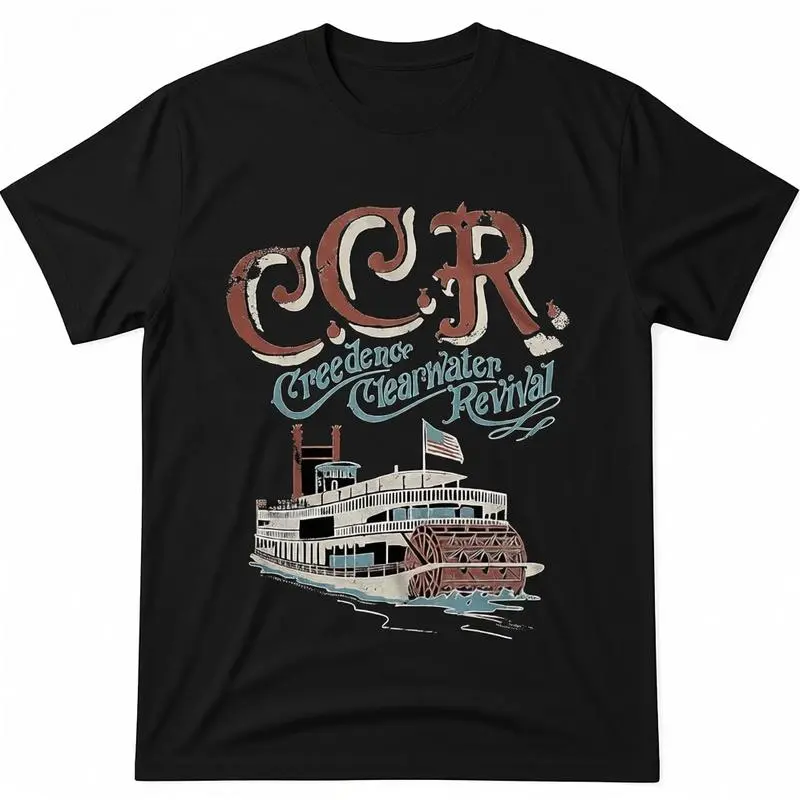 Men's Creedence Clearwater Revival Graphic T-Shirt - 100% Cotton Heavy Fabric Classic Fit Short-Sleeve Round Neck Retro Band Casual Streetwear Top
