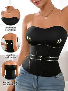Women Strapless Corset Bustier Top, Detachable Clear Straps, Tummy Control, Waist Shaper, Casual Party Under, Versatile Daily Wear