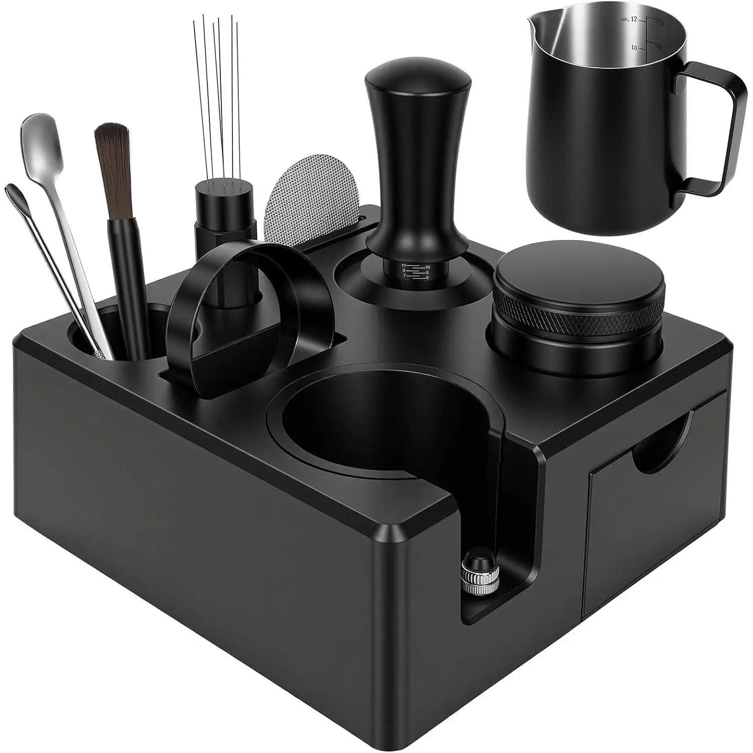 10 count 51mm Espresso Accessories Kit | 9-in-1 Espresso Tamping Station, Spring- Tamper,  WDT Tool, Distributor, Dosing Funnel & Puck Screen | Fit Delonghi 51mm Portafilter