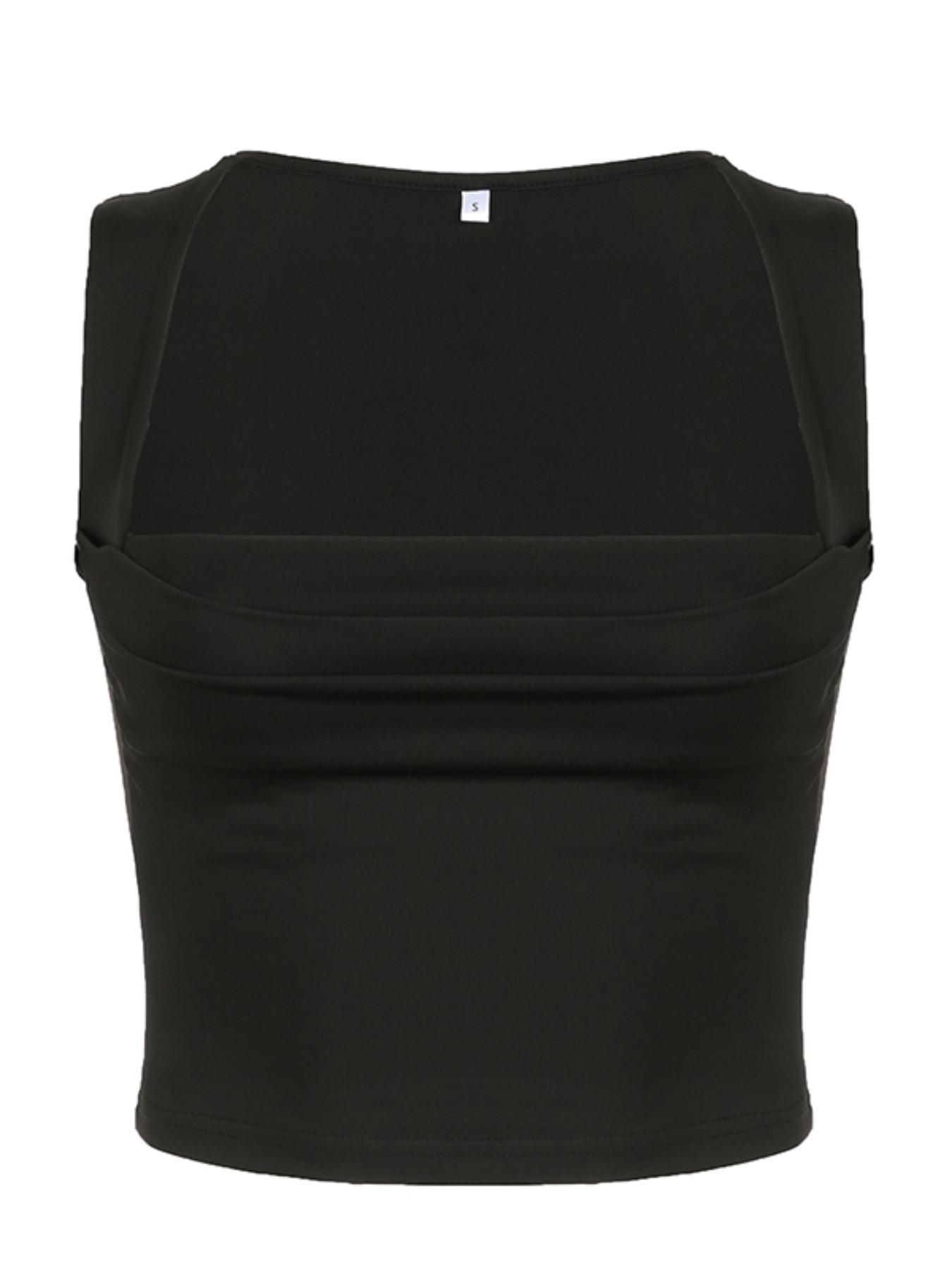 Women's Plain Ruched Square Neck Crop Tank Top, Casual Sleeveless Cropped Top for Fall, Minimalist Basic Short Tops, Ladies Clothes for Daily Wear, Summer Top