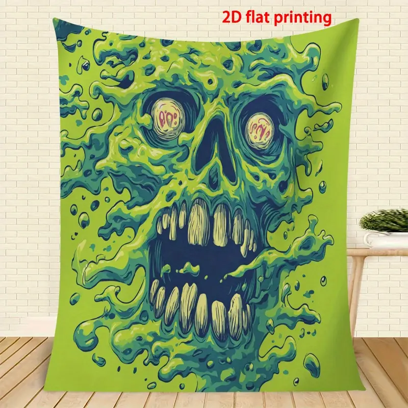 Green Slime Zombie Skull Horror Flannel Throw Blanket - Toxic Goo Skeleton Scary Cartoon Design, Cotton Fabric, Warm Bedding Throw Gift for Horror Fans of All Ages