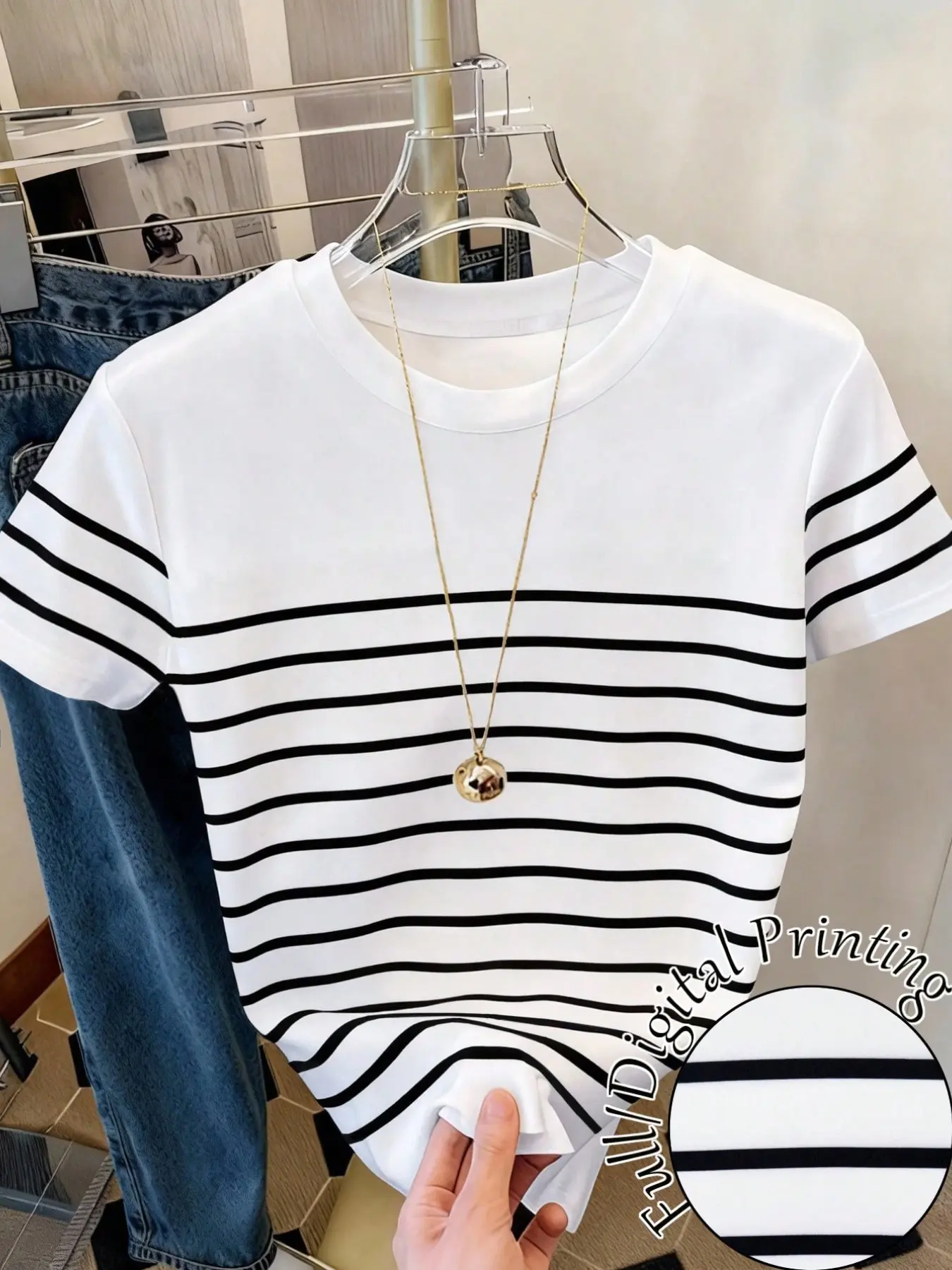 Women's Casual Everyday Striped Print Short Sleeve T-Shirt, Slim-Fitting Round Neck Top, Suitable for All Seasons, Women's Clothing