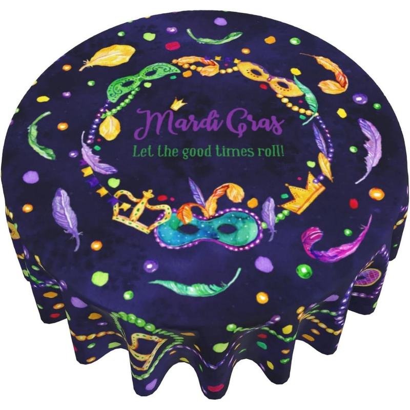 Mardi Gras Round Tablecloth 60 Inch Masquerade Party Mask Beaded Feather Carnival Decorative Table Cloth Farmhouse for Holiday Parties Dining Table Living Room Kitchen Decor