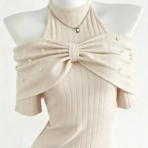 Sexy Halter One-Shoulder Knit Top, 3D Large Bow Pearl Decoration, Vertical Stripe Slim Fit Short Sleeve, Soft Date Atmosphere Shirt, Elegance