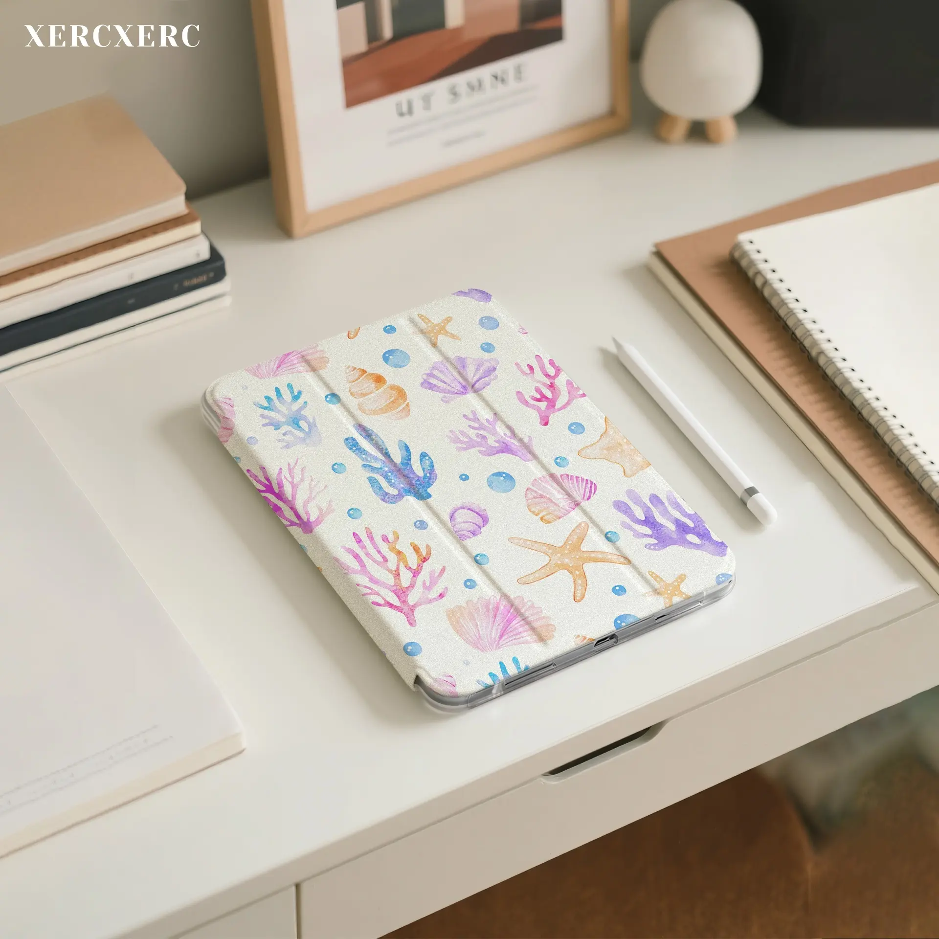 iPad case ipad accessories Watercolor Seashell Starfish Coral Pattern PU Flip Cover iPad Case, TPU Soft Shell 3-Fold Stand, Pen Slot, Shockproof, Auto Wake/Sleep, Back to School Gift for Air 11inch, Pro 12.9/11/10.9, Mini 8.3, Galaxy Tab S10+/S9+/S9/S8+/S