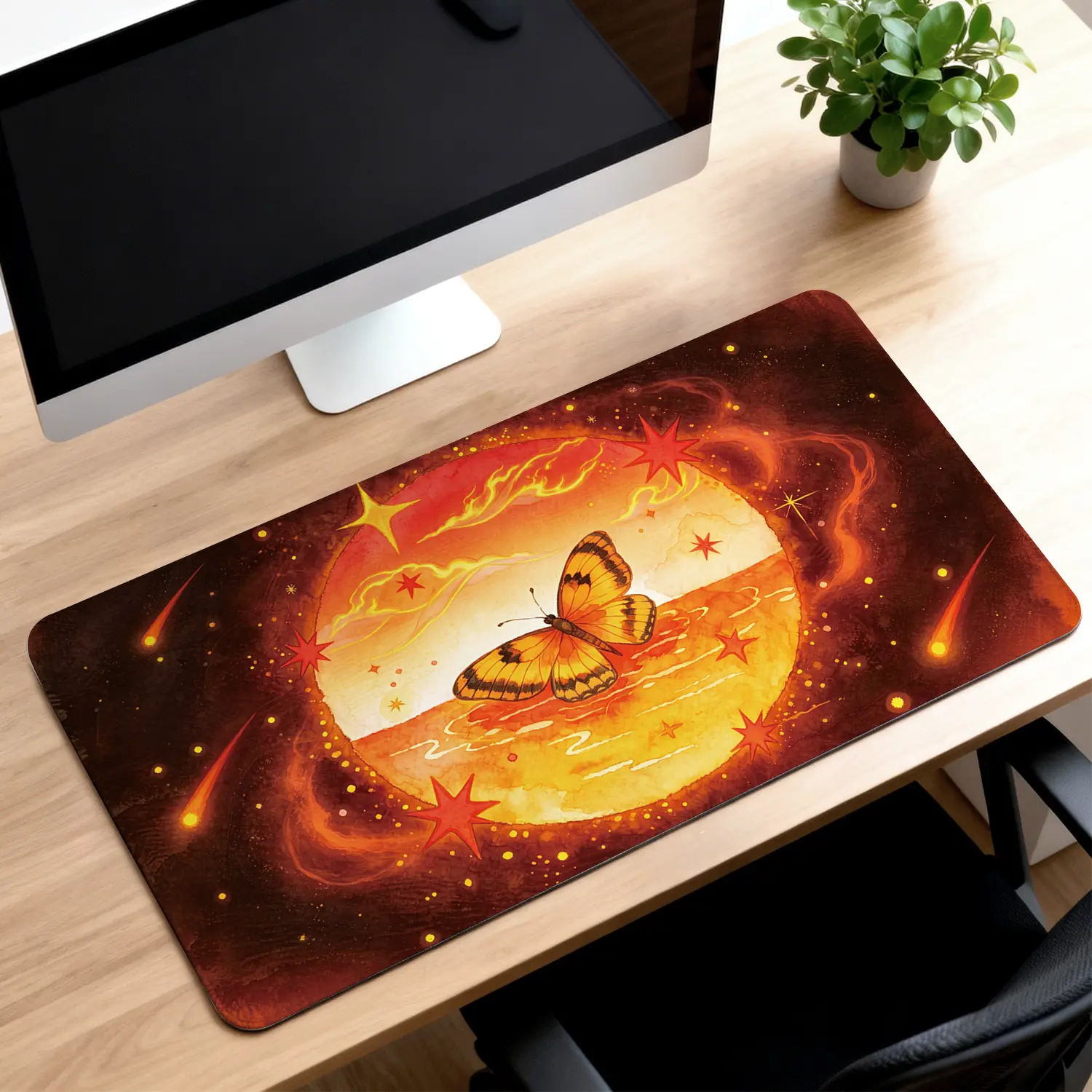 Premium Orange Butterfly In Golden Galaxy High Quality Mouse PadModern Office Gaming Comfort ExperienceNonSlip Durable For Daily Work And Play 40*80cm 40*90cm30*70cm