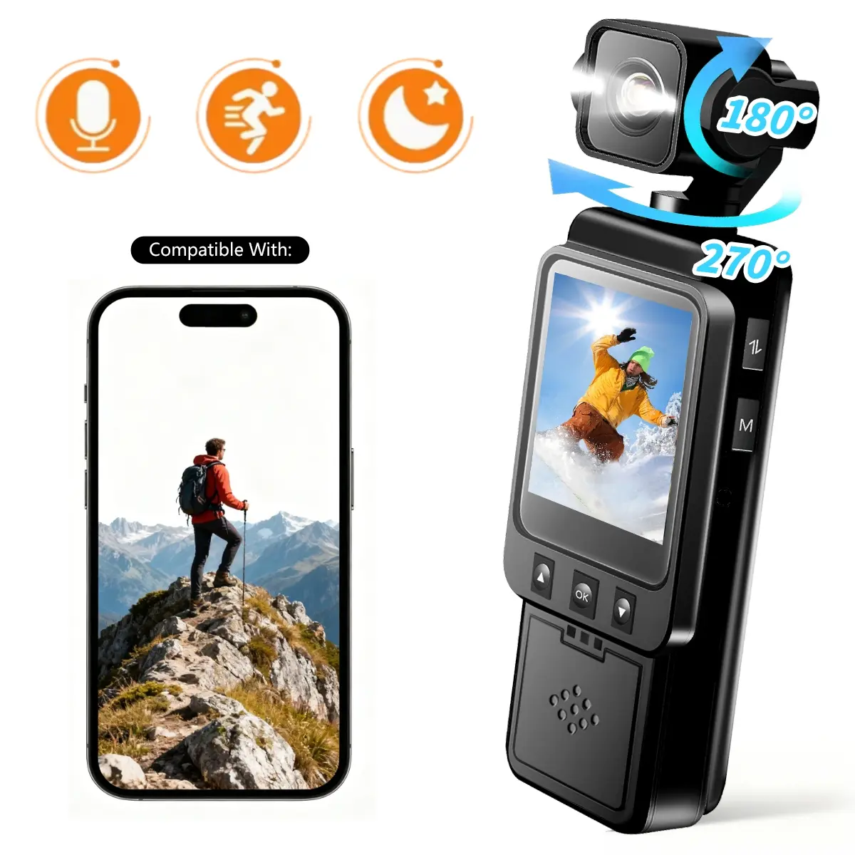 Mini Action Camera Clip-On Wearable Cam, 1080P HD Recording, 270° Rotatable Lens, Color Night Vision, WiFi Connection, Loop Recording for Outdoor Climbing Skiing Cycling Vlog, Outdoor Sports Camera