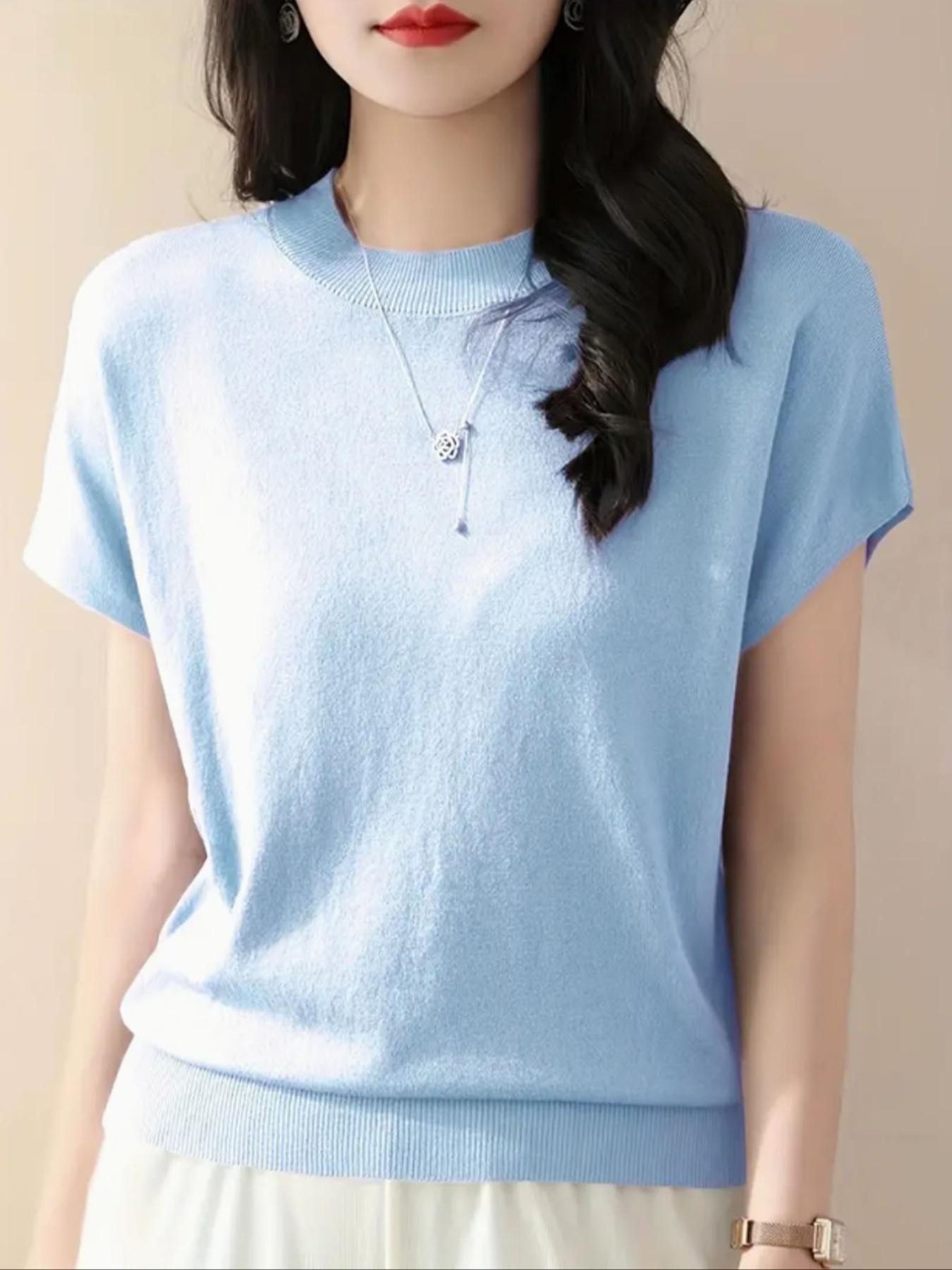 Women's Plain Round Neck Sweater Knitwear, Casual Short Sleeve Crew Neck Jumper for Summer, Fashion Women's Top for Daily Wear