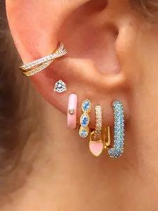 6Pcs Elegant 24K Gold Plated Heart Drop Dangle Earrings Pack For Women Cubic Zirconia Chain Hoop Earrings Set Blue Zircon Stud Earrings Stack Fashion Jewelry Gift
