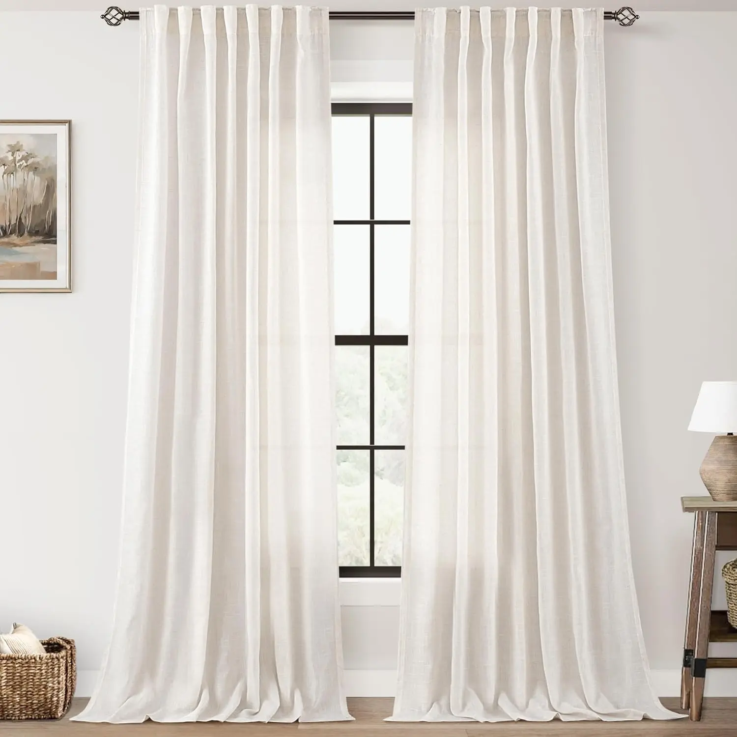2 Panels Set Cream Linen Curtains 108 Inches Long for Living Room Neutral Rustic Farmhouse Light Filtering Semi Sheer Linen Drapes Ceiling to Floor for Large Window Villa Hallway Ivory 9 FTGift