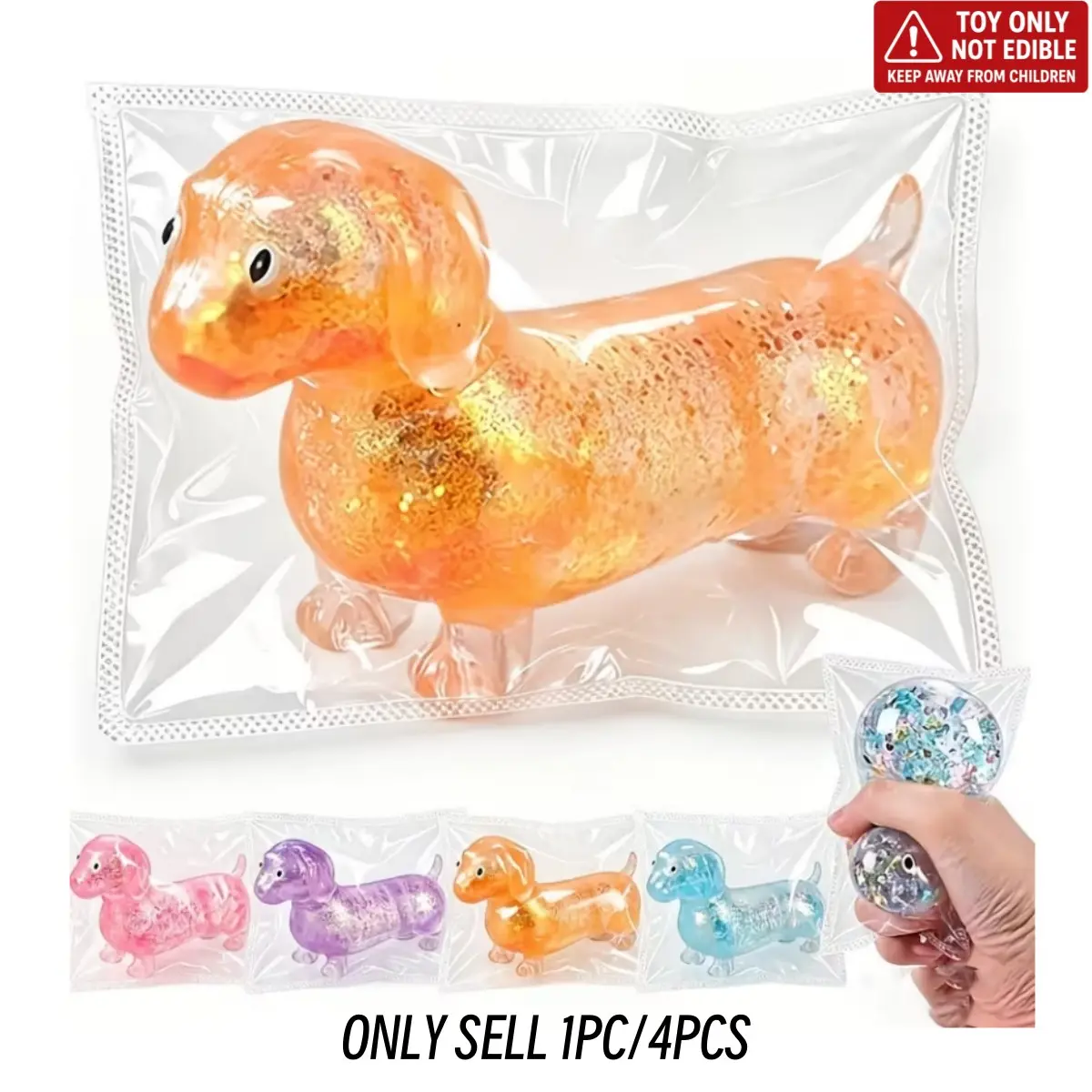 Dachshund Squishy Stress Ball, Sparkly Gel Weiner Dog Toy, Stretchy Sausage Dog Squishy, Animal Decompression Sensory Toy, Anxiety Calming Fidget Toy for Kids, Stress Relief Fidgets, Party Favor, Desk Decor Gift