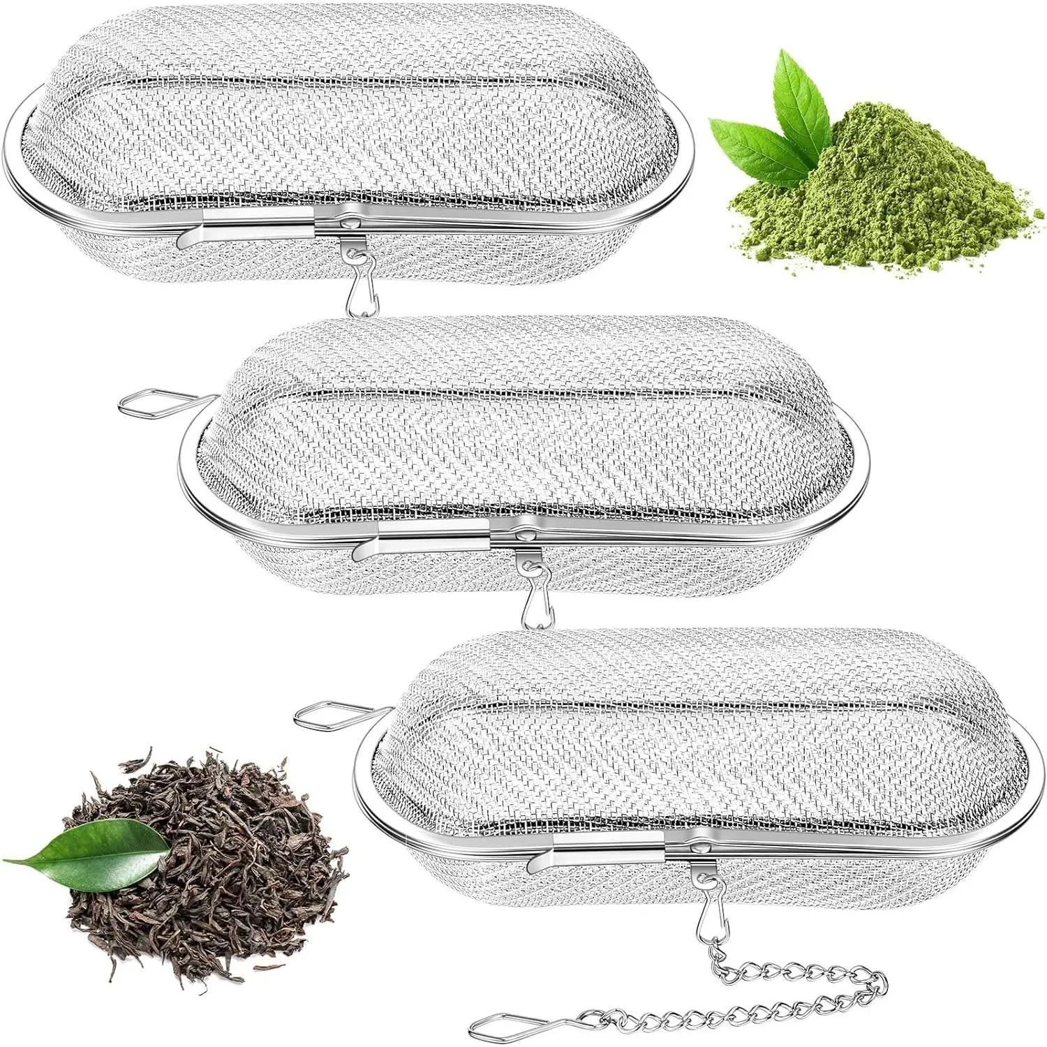 3-Pcs Tea Ball Infusers - Stainless Steel Mesh Loose Leaf Tea Strainers, Spice Steepers, Floating Oval Filters (4.25x1.75in) for Kitchen, Home, Tea Infuser