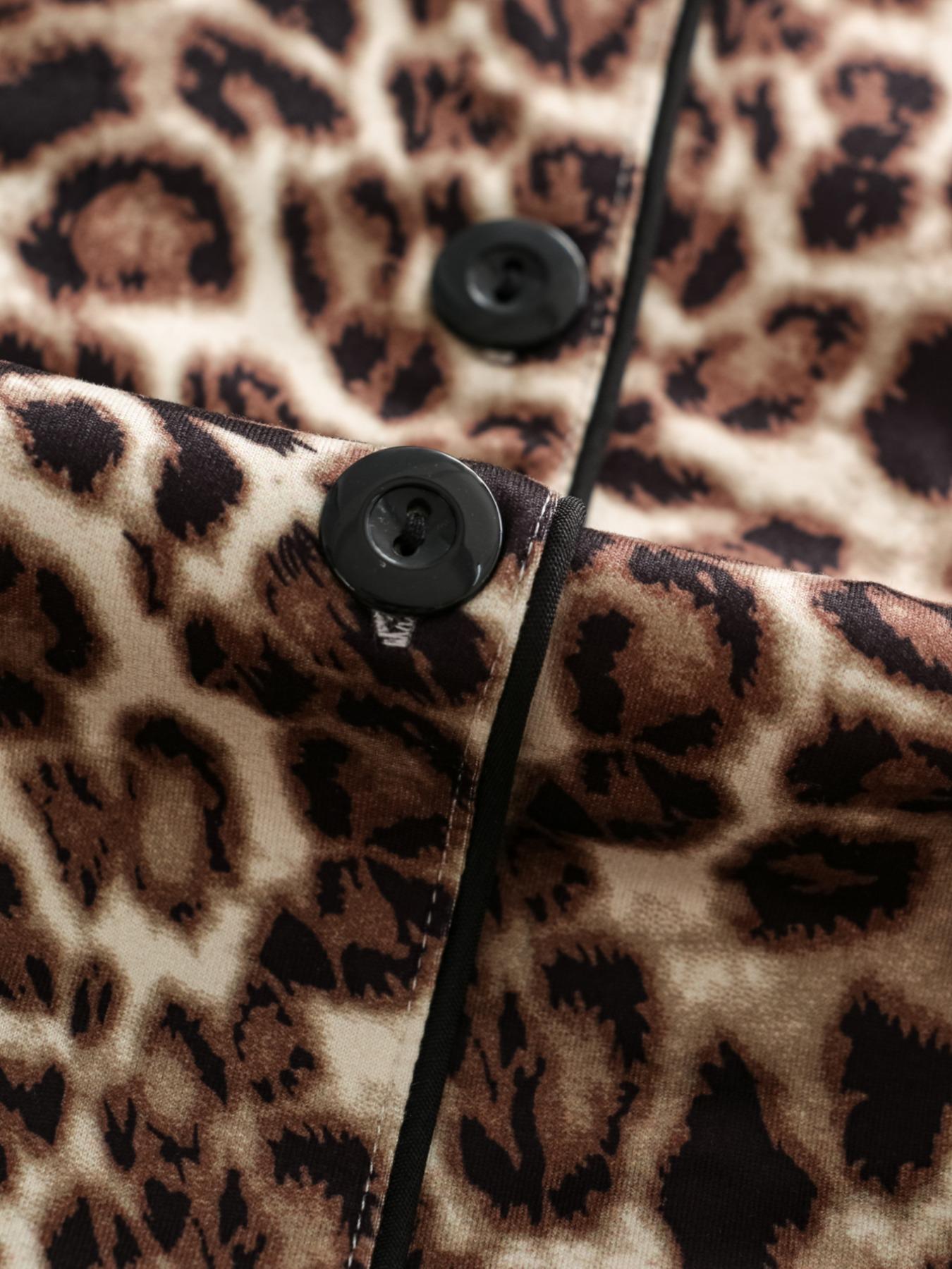 Women's Leopard Print Button Front Pocket Lapel Shirt & Elastic Waist Pants Pyjama Two-piece Set, Casual Comfy Pocket Long Sleeve Top & Trousers Pj Set, Women's Sleepwear for Spring & Fall, Loungewear Set Women, Leopard Print Pajamas