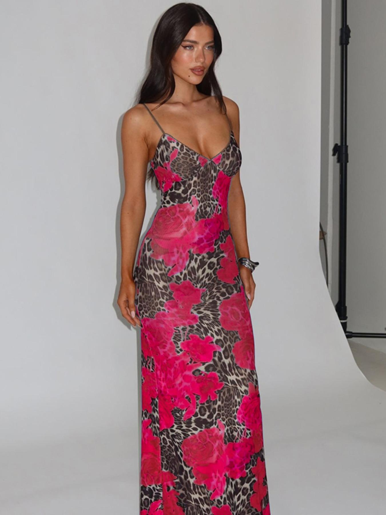 Women's Leopard & Floral Print Cami Spaghetti Strap Dress, Fashion Casual Sleeveless Bodycon Maxi Dress for Party Club Dating Wear, Ladies Summer Clothes