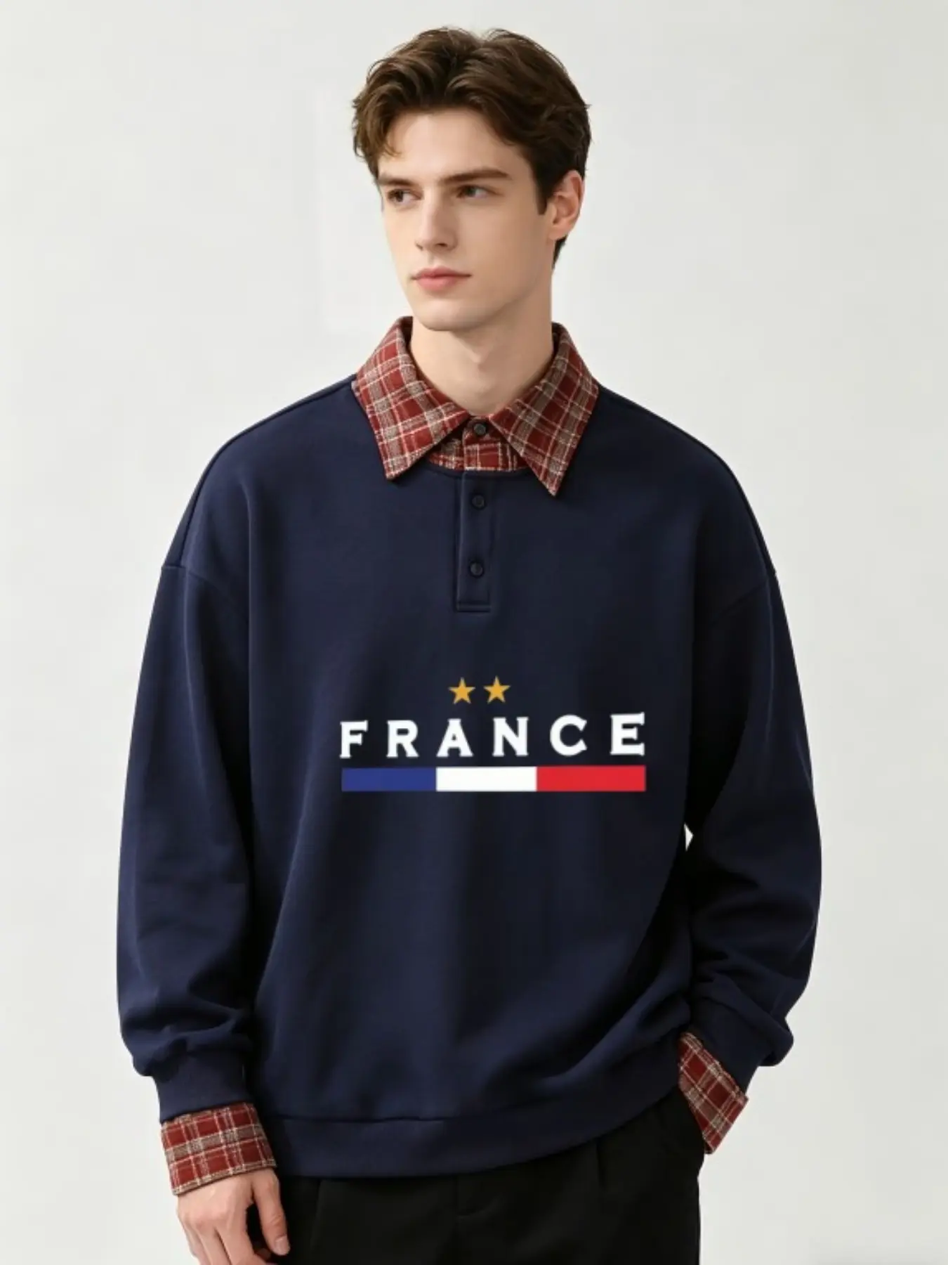 Men's Fake Two-Piece Plaid Lapel Polo Sweatshirt, Flag Pattern Print, Loose Long Sleeve Streetwear Top, Casual Fashion Apparel