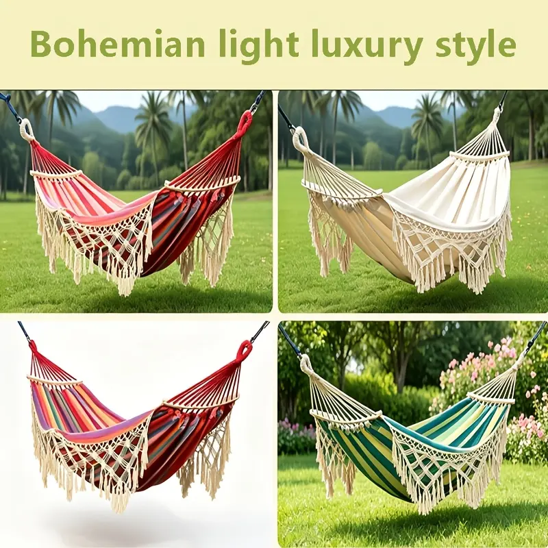 Extra-wide, thickened luxury double hammock with fishtail weave, fitted with spreader bars and heavy-duty hanging ropes.Perfect for patios, gardens, beaches, outdoor leisure & wedding decor, includes matching storage carry bag.