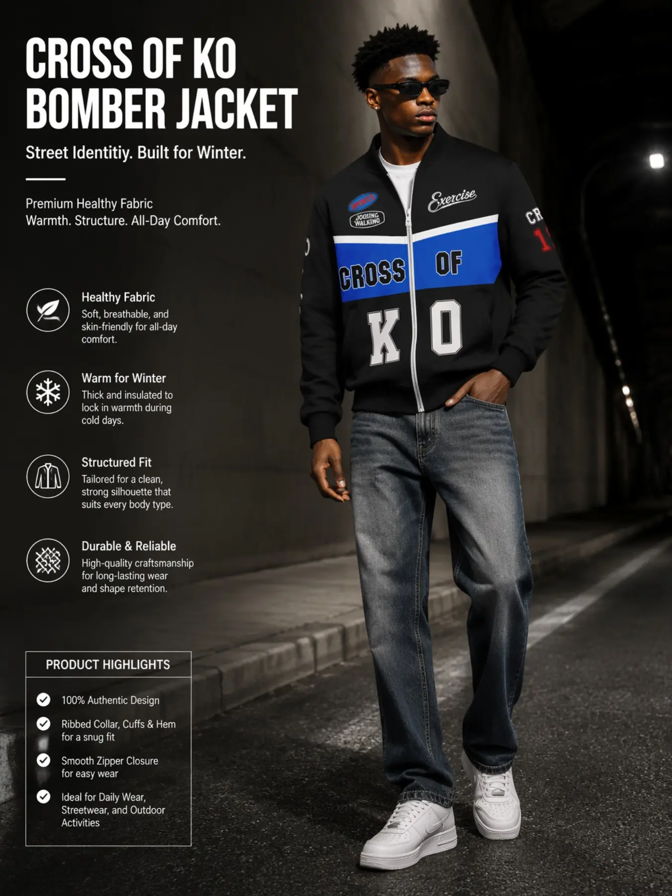 Men's Royal Blue Striped Letter Ko Pattern Full Zip Baseball Jacket, Vintage School Team Cross Print Windproof Jacket, Streetwear Fall Winter Outerwear